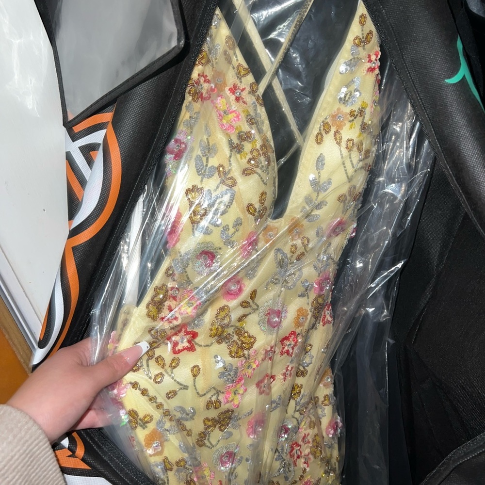 Yellow with Multi Colored Flower Beads Prom Dress